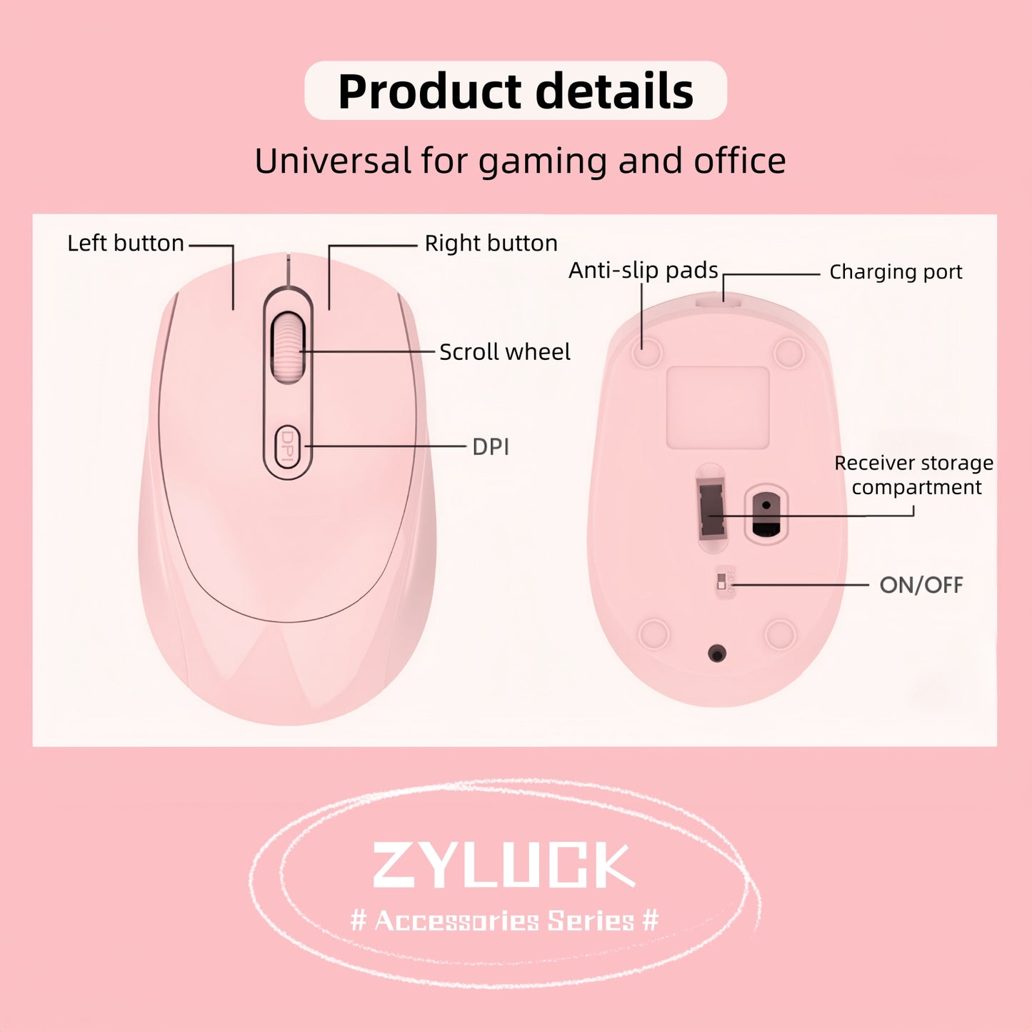 BsrFirst Silent Wireless Mouse,Rechargeable Bluetooth Mouse, Mouse with Adjustable Sensitivity-Pink