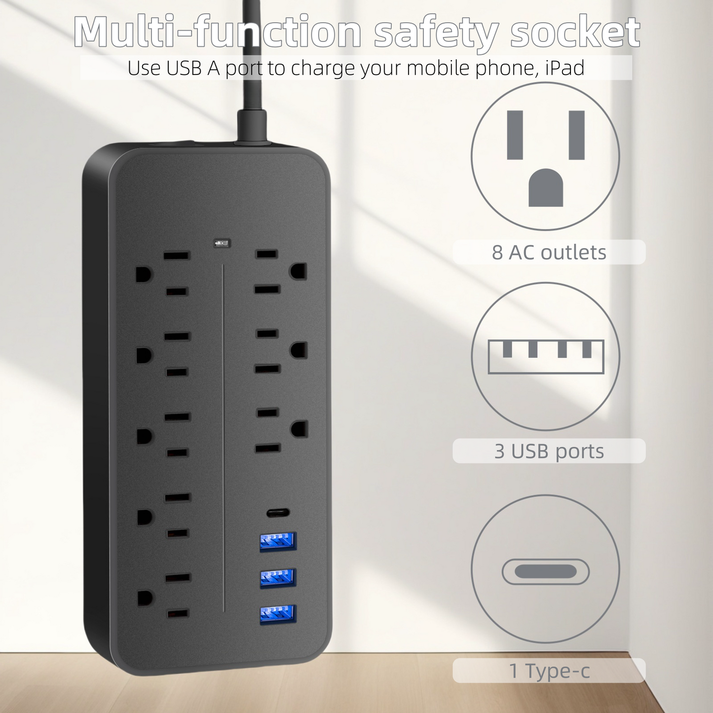 CHERRYBLOSSOMS AC socket, USB socket, Type-c socket three-in-one power strip